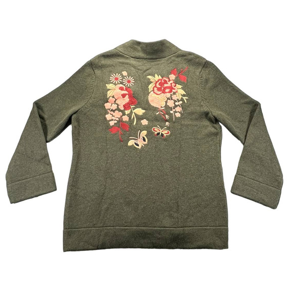Soft Surroundings Green Embroidered Floral Okata Sweater Cardigan Size Large - Picture 2 of 10